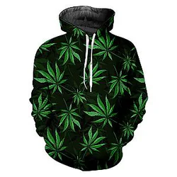 UJWI Casual Harajuku Weed Hoodie Maple Leaf Grass 3D Printing Green Men's Clothing Oversized Hoodie
