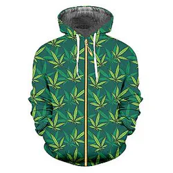 IFPD EU/US Size Green Leaves 3d Printed Man Zipper Hoodies Harajuku Weeds Hoodie