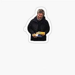 Willem Dafoe smiling at pancake mix sticker
