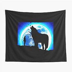 Cool Moon wolf man and Birds on Tapestry