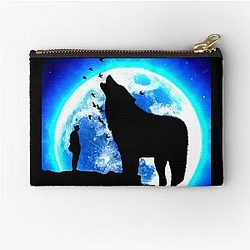 Cool Moon Wolf Man and Birds Art Zipper Pouch