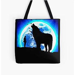 Cool Moon Wolf Man & Birds Art All Over Print Tote Bag