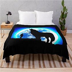Cool Moon Wolf Man and Birds Art Throw Blanket