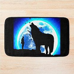 Cool Moon Wolf Man and Birds Bath Mat