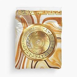 Swirl Marble White Gold Orange Greek Key Yanni Duvet Cover