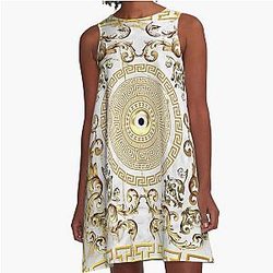 Marble White Gold Greek Key Yanni A-Line Dress