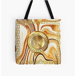 Swirl Marble White Gold Orange Greek Key Yanni Collection Over Print Tote Bag