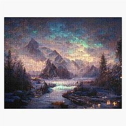 Magical Christmas Skyrim Aurora Clouds Christmas village Landscape Painting Purple Misty Magic Jigsaw Puzzle