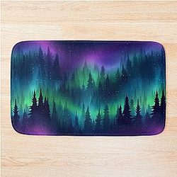 Purple Aurora Borealis Forest Scene Northern Lights Over Pine Trees Winter Night Sky Bath Mat