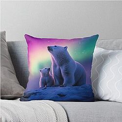 Iceland and polar bears with aurora night sky in long exposure - Landscape photography throw pillow