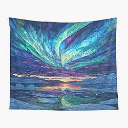 Aurora Borealis Stained Glass Over Arctic Ice Floes Tapestry