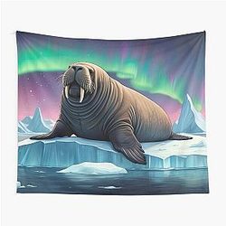 Walrus on Iceberg and Northern Lights of North Pole Tapestry