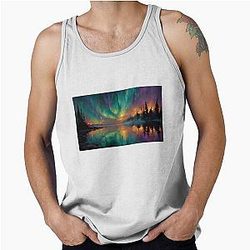 Vibrant Aurora Borealis over Calm Lake Panoramic Impressionist Scene Tank Top