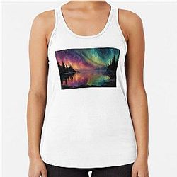 Majestic Aurora Borealis Northern Lake Impressionist Panoramic Scene Racerback Tank Top