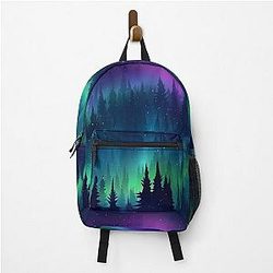 Purple Aurora Borealis Forest Scene Northern Lights Over Pine Trees Winter Night Sky Backpacker