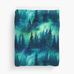 Aurora Borealis Northern Lights Over Pine Trees Winter Night Sky Duvet Cover