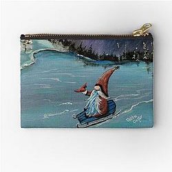 Gnome and Cardinal Sledding under the Aurora Pouch