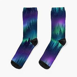 Purple Aurora Borealis Forest Scene Northern Lights Over Pine Trees Winter Sky