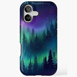 Purple Aurora Borealis Forest Scene Northern Lights Over Pine Trees Winter Night Sky iPhone Tough Case
