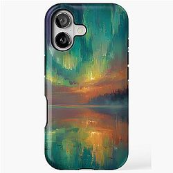 Vibrant Aurora Borealis over Calm Lake Panoramic Impressionist Scene iPhone Tough Case