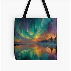 Vibrant Aurora Borealis over Calm Lake, Impressionist Scene All Over Print Tote Bag