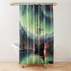 Aurora Ocean Painting, Ship Sailing the Sea and Northern Lights Painting, Dark Night Ocean Art Print, Ocean Print Shower Curtain