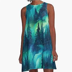 Aurora Borealis Forest Scene Northern Lights Over Pine Trees Mystical Winter Night Sky Dress
