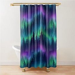 Purple Aurora Borealis Forest Northern Lights Pine Trees Winter Night Sky Shower Curtain