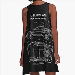 DeLorean Time Machine Back to the Future White Stencil A-Line Dress