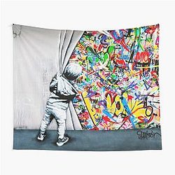 Behind the Curtain Boy - Banksy Street Art Mural Tapestry