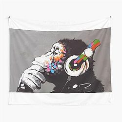 Banksy DJ Monkey Thinker with Headphones Tapestry