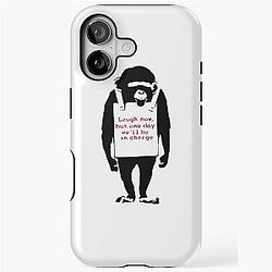 Banksy Quote Monkey Chimpanzee Laugh Now, but one day we'll be in charge Graffiti Street art with Banksy signature tag and funny red stripes  iPhone Tough Case