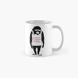 Banksy Quote Monkey Laugh Now, but one day we'll be in charge Graffiti Street art with Banksy signature and funny stripes Classic Mug