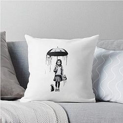 Banksy Girl with an Umbrella and Her Dog Throw Pillow
