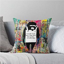 Banksy Graffiti Stencil Art Laugh Now Chimp Throw Pillow