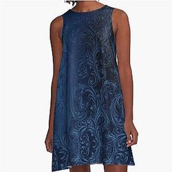 Faux Blue Velvet A-Line Dress