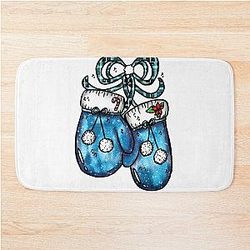 Christmas Blue Velvet Gloves Santa Plaid Ribbon Bath Mat