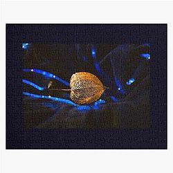 Golden Seed Pod On Blue Velvet Jigsaw Puzzle