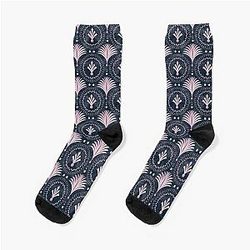 Elegant Pink Rose Gold Velvet Art Deco Pattern Blue Socks