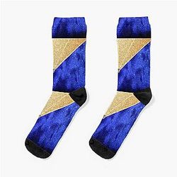 Navy Blue Velvet Pattern Gold Glitter Fashion Geometric Socks