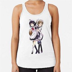 Maple and Sally Wearing Maid Outfit Blushing Embarassed - Bofuri: I Don't Want to Get Hurt, so I'll Max Out My Defense - Itai no wa Iya nano de Bougyoryoku ni Kyokufuri Shitai to Omoimasu Racerback Tank Top.