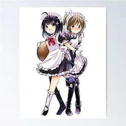 Maple and Sally Wearing Maid Outfit Blushing Embarrassed - Bofuri: I Don't Want to Get Hurt, so I'll Max Out My Defense - Itai no wa Iya nano de Bougyoryoku ni Kyokufuri Shitai to Omoimasu Poster