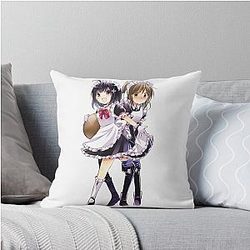 Maple and Sally Wearing Maid Outfit Blushing Embarassed - Bofuri: I Don't Want to Get Hurt, so I'll Max Out My Defense - Itai no wa Iya nano de Bougyoryoku ni Kyokufuri Shitai to Omoimasu Throw Pillow