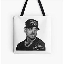 Chris Brown Black and White Portrait Signature Edition All Over Print Tote Bag