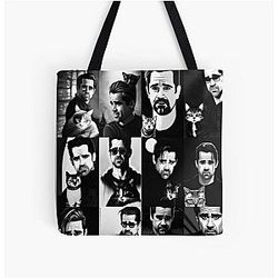 Colin Farrell and Cats in Black and White All Over Print Tote Bag