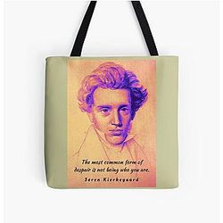 Søren Kierkegaard portrait and quote The most common form of despair is not being who are. Over Print Tote Bag