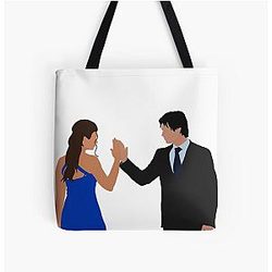 Damon Salvatore and Elena Gilbert Over Print Tote Bag
