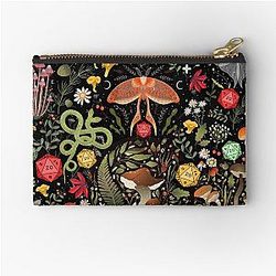 DRUID COTTAGECORE DND PATTERN: Dice, Spore Mushrooms, Snake, Butterfly, Flowers Zipper Pouch