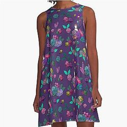 Dungeons and A-Line Dress with a Dragons dice pattern on a purple backdrop or Purple A-Line Dress with a Dungeons and Dragons dice pattern