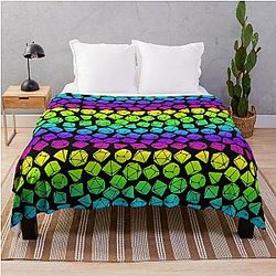 D&D Dice Pattern Neon Rainbow Gradient for Dungeons Dragons Throw Blanket
